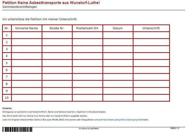 Seite 2 des Unterschriftenblattes, das online heruntergeladen werden kann