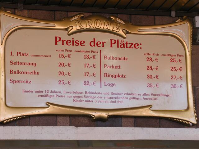 Preistafel an der Kasse