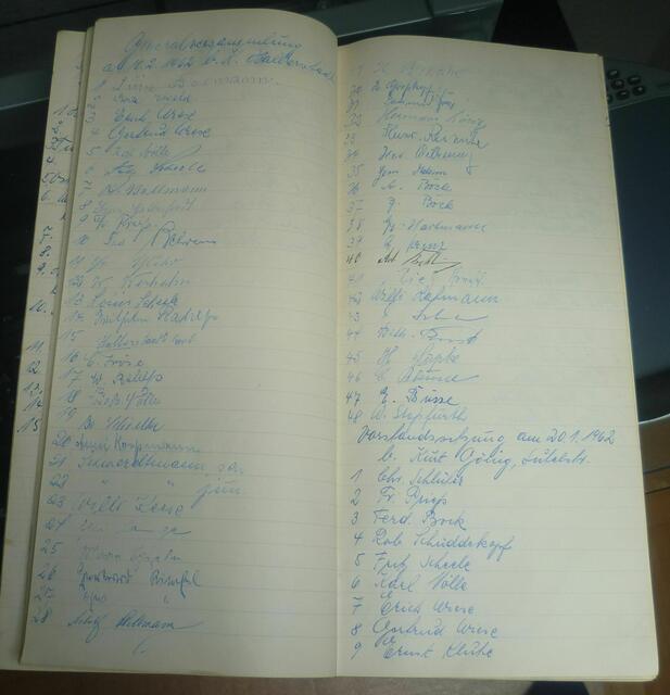 Auszug einer Anwesenheitsliste des Bürgervereins Bothfeld, Klein-Buchholz und Lahe, geführt in Kladdenform, begonnen am 8. Oktober 1949