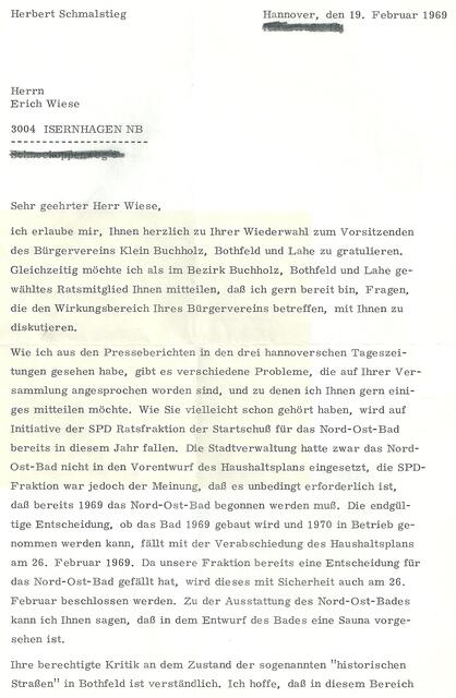 Schreiben von Herbert Schmalstieg (SPD) an den Bürgerverein. Er war noch nicht Oberbürgermeister, gehörte aber dem Rat der Landeshauptstadt Hannover an (1).