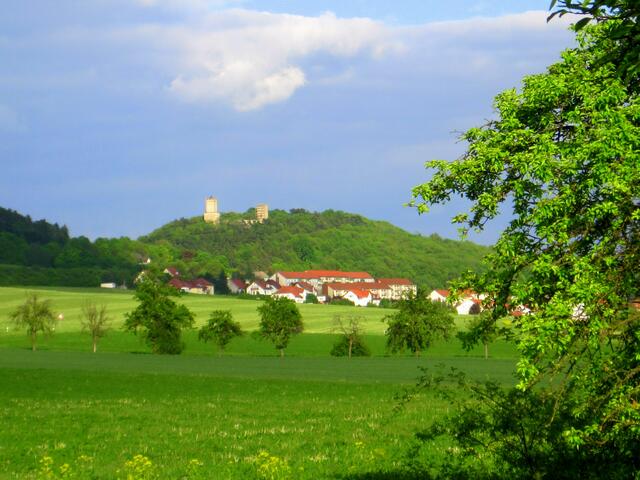 Eckartsberga mit Eckartsburg im Abendsonnenlicht.