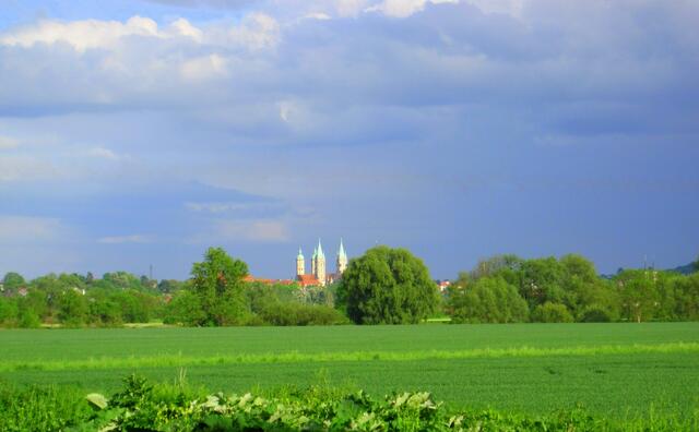 Blick von der sonnigen Weinstraße - Strada del Sol - auf den Naumburger Dom. Tiefstehende Abendsonne leuchtetdie Türme an, rechts zieht eine dunkle Gewitterwolkenwand heran.