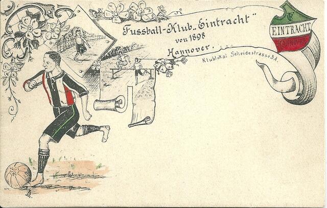 Gegen "Eintracht", die auf der "großen Bult" beheimatet ist, spielte "96", damals noch "Hannoverscher Fussball-Club von 1896, in den ersten Jahren nach der Vereinsgründung sehr häufig, Postkarte 16.6.1907