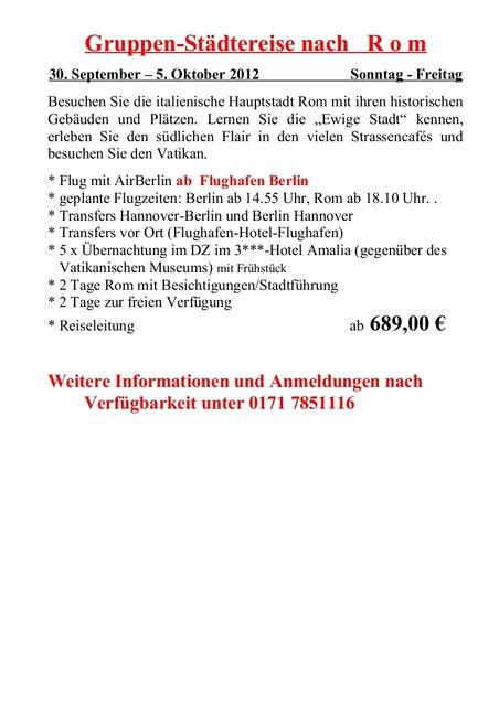 Am 30. September soll es nach Rom gehen; diesmal jedoch mit dem Flieger - hier das Programm