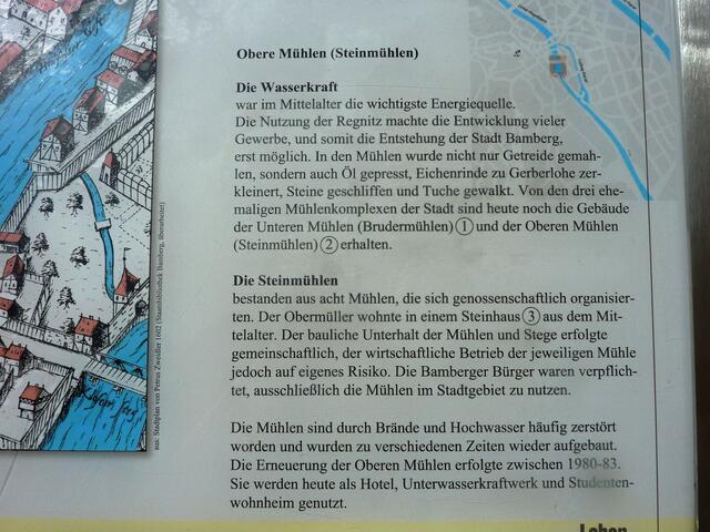 Insgesamt gibt es 21 Informationstafeln, die den Flusspfad Bamberg erklären. Der Weg dauert drei Stunden.