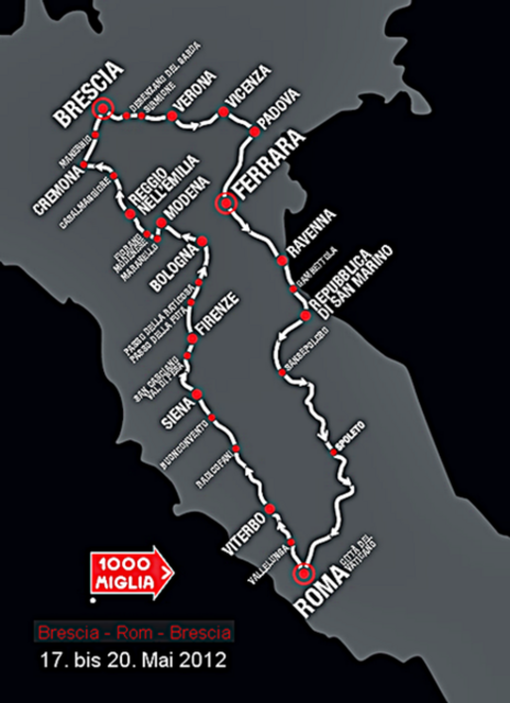 Die rund 1600km lange Strecke die es zu bewältigen galt. Brescia-Rom-Brescia.