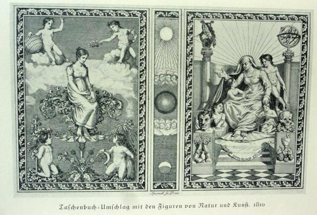 Selten gezeigt: Taschenbuch Umschlag mit den Figuren von nATUR und KUNST - 1810. Maltzahn, S. 104. Siehe Artikeltext mehr dazu.