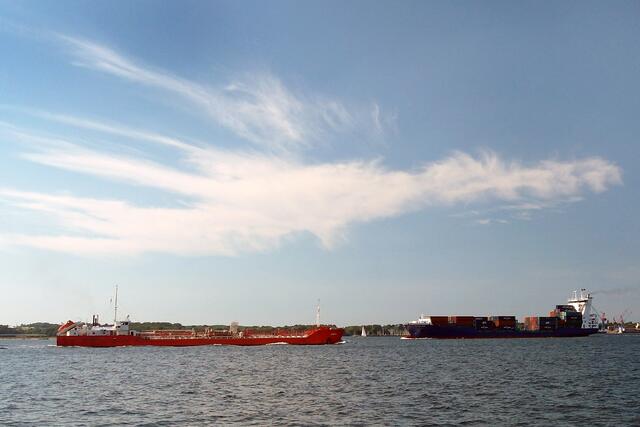 Frachtschiffe auf der Förde in Richtung Nord-Ostsee-Kanal