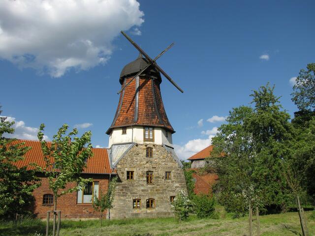 In Dunau staunen wir über die schöne Windmühle auf dem Rittergut der von Altens, die auf eine einstige Wassermühle aufgesetzt wurde.