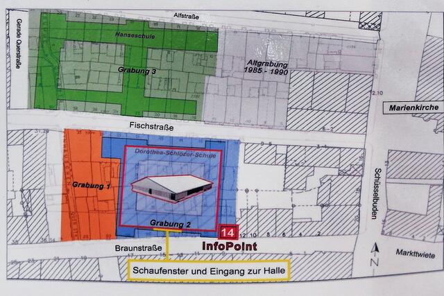 Ausstellungsplan: Noch steht das Grabungszelt in dem Bereich, der blau markiert ist. Nach dem Abriss der Hanse-Schule erfolgen die Grabungen in dem grün gekennzeichneten Gebiet.
