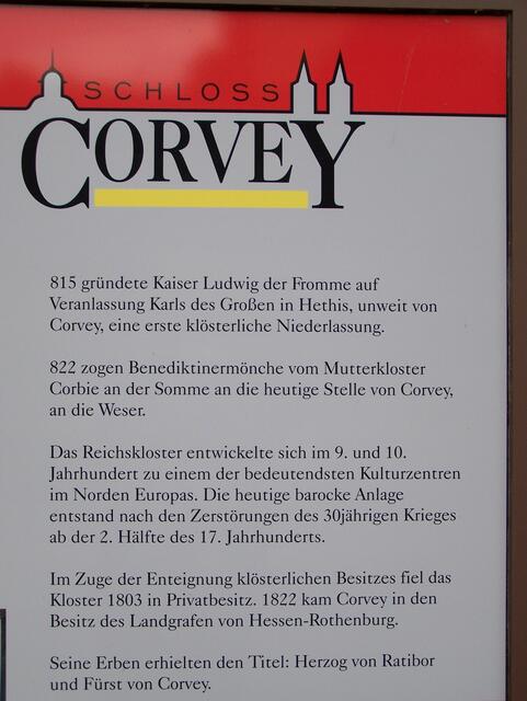 Hinweistafel am Eingang von Schloss Corvey