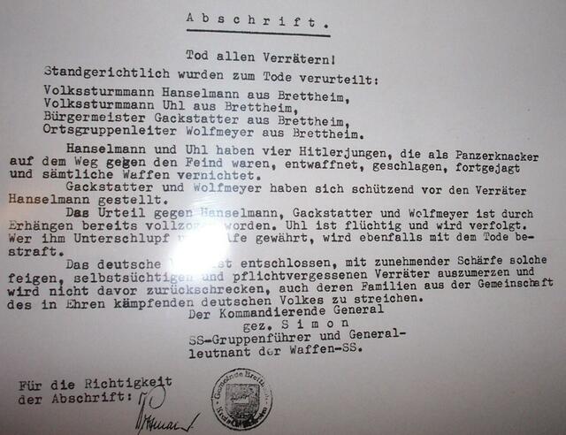 Eine Abschrift des Urteils gegen die vier beteiligten. Wie gesagt Uhl entkam der Vollstreckung durch seine Flucht.