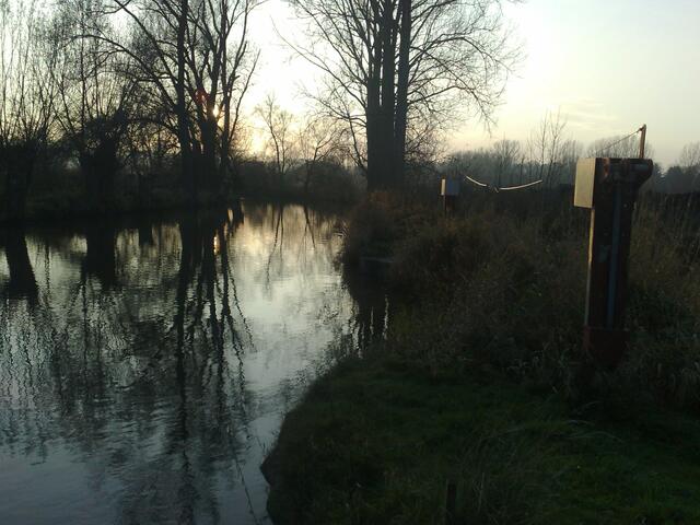 Gronau: So besinnlich schön kann die Leine in Gronau, nähe Kanian-Insel sein. Rechts der Eingang zum Beipass, der eine ideale, elektrisch zu betätigende temporäre Spritzspass-Bootsgasse für Weiterfahrende werden könnte, wenn denn der Kombipass am Wehr 300m stromab nicht realisiert wird.