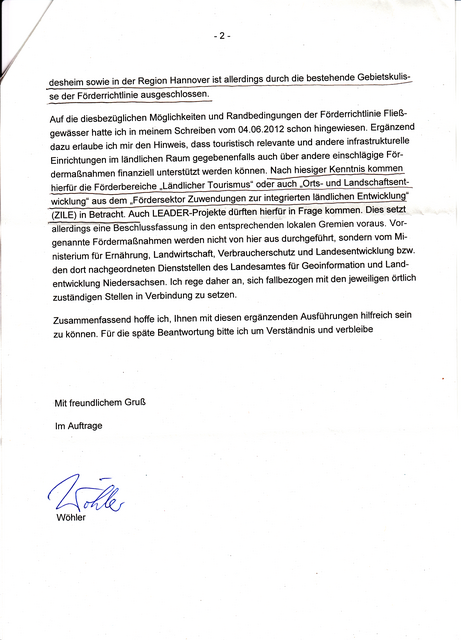Antwort des Niedersächsischen Ministerium für Umwelt, Energie und Klimaschutz vom 29.08.2012, Dr, Birkner/Wöhler : .....