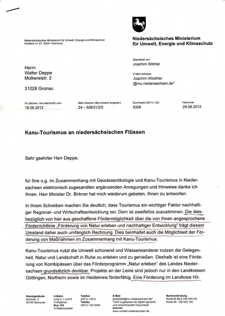 Antwort des Niedersächsischen Ministerium für Umwelt, Energie und Klimaschutz vom 29.08.2012, Dr, Birkner/Wöhler : .....