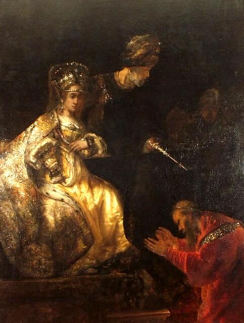 Haman bittet um Gnade bei Esther. | Foto: Rembrandt_-httpcommons.wikimedia.orgwikiFileRembrandt_-_Haman_Begging_the_Mercy_of_Esther.jpguselang=de
