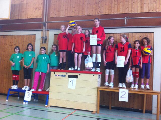 Die wilden Vollis - Letters Volleyballerinnen  U12 weiblich - Durften mit aufs Treppchen und sicherten sich die Teilnahme an den Bezirksmeisterschaften im Januar. | Foto: Danke an Igor, der eben noch fix mit dem Handy aufgenommen hat.