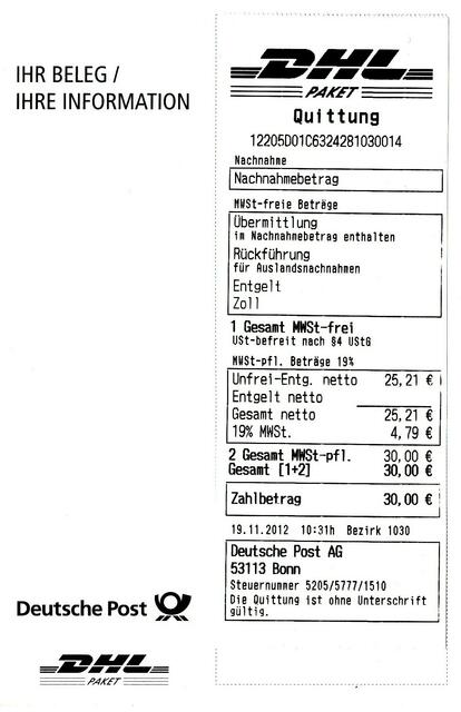 DHL-Quittung über 30 € für 2 Pakete "engagement macht stark!" | Foto: DHL