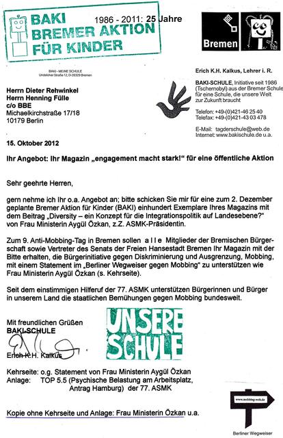 BAKI-Bestellung vom 15. Oktober 2012: 100 Exemplare "engagement macht stark!", Ausgabe 2/2012