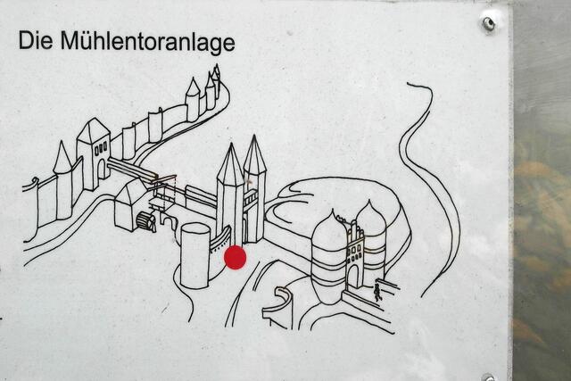 Zeichnung der Mühlentoranlage mit dem rot markierten mittleren Tor