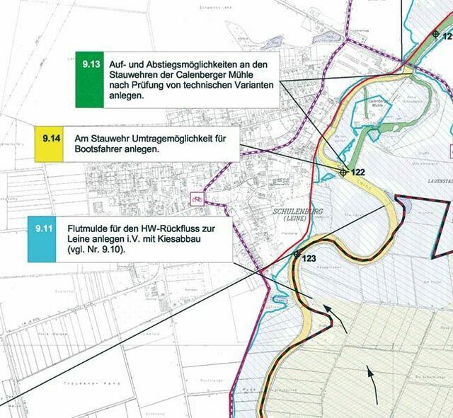 Hildesheim, Landkreis - Hannover, Landtag : Mustergültig voran ging der Gewässerentwicklungsplan Leine. Hier ein Ausschnitt mit Vermerk:   Umtragemöglichkeit für Bootfahrer anlegen ! | Foto: Agwa, Jürging