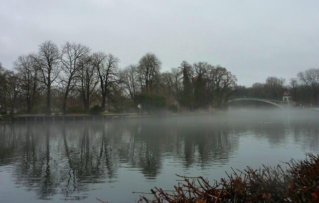 Nebel hat sich auch über der kalten Spree gebildet. Der Blick geht auf die Jugendinsel. Im Hintergrund ist die Abteibrücke zu sehen.