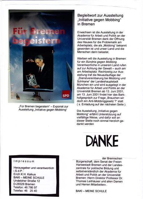 Informationen zur BAKI-Ausstellung "Initiative gegen Mobbing" vom 13. bis 28. Juni 2001 in der Akademie für Arbeit und Politik an der Universität Bremen (2)