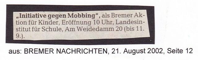 Hinweis zur BAKI-Ausstellung "Initiative gegen Mobbing" im Landesinstitut für Schule in Bremen | Foto: BREMER NACHRICHTEN