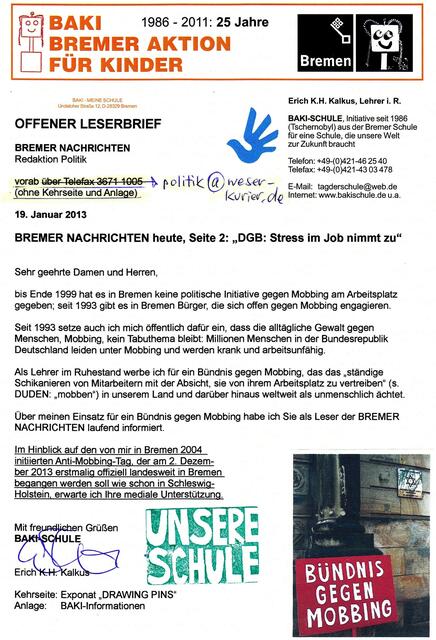 OFFENER LESERBRIEF vom 19. Januar 2013 an die BREMER NACHRICHTEN, Redaktion Politik