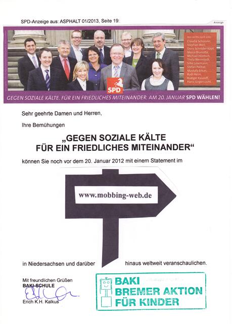BAKI-Bitte um ein Statement gegen Mobbing zur Landtagswahl am 20. Januar 2013 in Niedersachsen