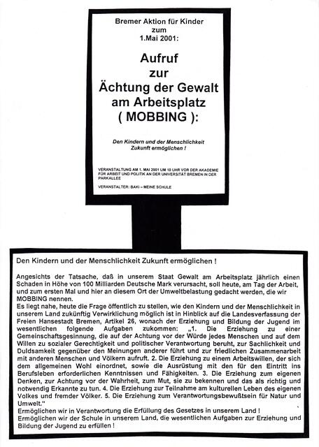 BAKI-Aufruf am 1. Mai 2001 zur Ächtung der Gewalt am Arbeitsplatz (MOBBING): "Den Kindern und der Menschlichkeit Zukunft ermöglichen!"
