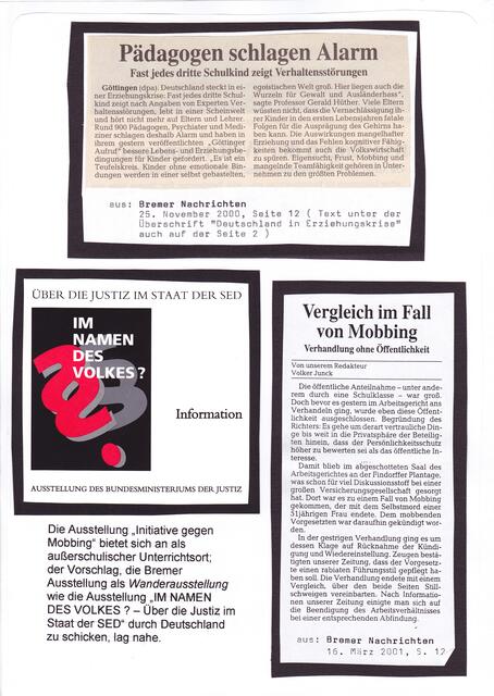 Informationen zur BAKI-Ausstellung "Initiative gegen Mobbing" vom 13. bis 28. Juni 2001 in der Akademie für Arbeit und Politik an der Universität Bremen