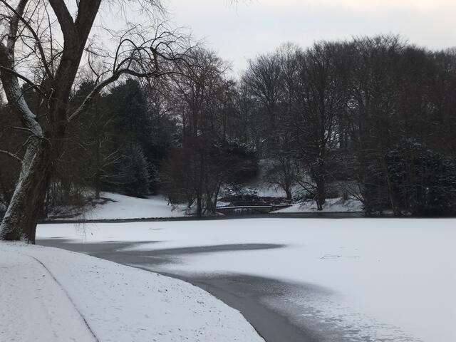 Im Hintergrund die Brücke mit dem kleinen Wasserfall.