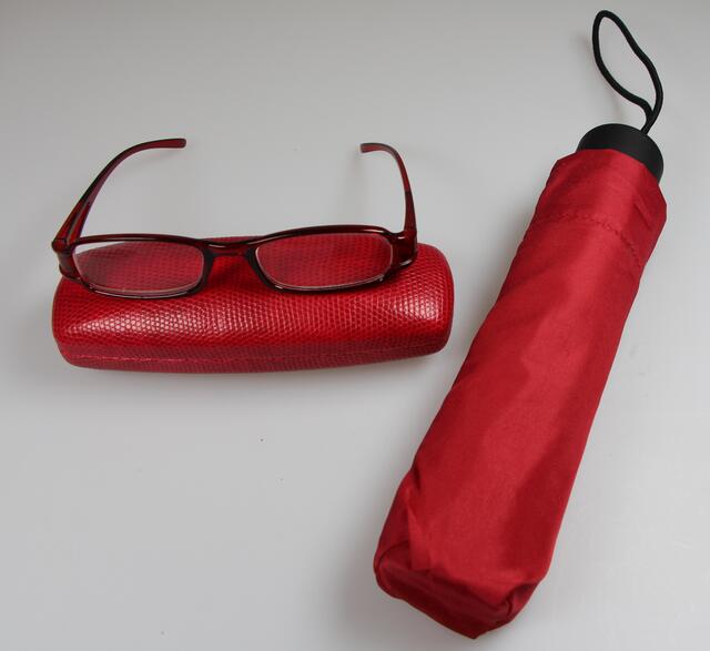Blick in die Handtasche: rote Brille mit rotem Etui und rotem Schirm für alle Fälle :-)