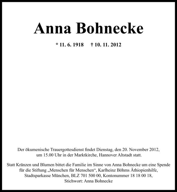 Die der HAZ entnommene Todesanzeige von Anna Bohnecke. | Foto: Anzeige der HAZ entnommen.