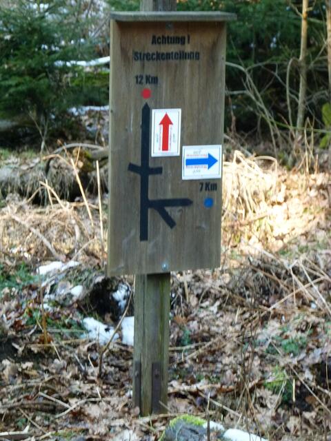 Streckenteilung: Der rote Pfeil markiert die 12 km lange Wanderstrecke und der blaue Pfeil die 7 km lange Wanderstrecke.