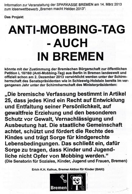 BAKI-Faltblatt (Seite 1) zur Veranstaltung der SPARKASSE BREMEN am 14. März 2013 zum Ideenwettbewerb "Bremen macht Helden 2013"