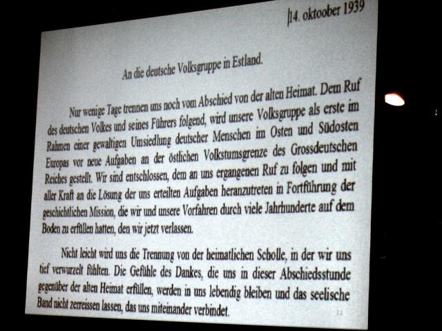 . . . der Aufruf zur Umsiedlung an die deutsche Volksgruppe im Oktober 1939 . . .