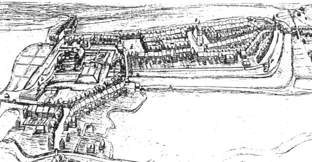 Die Stadt mit Damm, Wällen und Gräben (Zeichnung: Dr. Ralf Holländer)