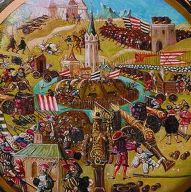 Belagerung der Peiner Burg während der Stiftsfehde 1519-23. Unten links die alte Stadtkirche auf dem heutigen Marktplatz