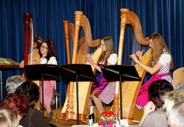 Ein Augen- und Ohrenschmaus ist das Harfentrio der Musikschule Wertingen mit v. l. Anna-Sophie Rapp, Jule Panitz und Anna Mundi.