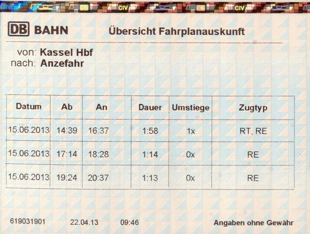 Fahrplanauskunft Kassel - Anzefahr: Am 22.4. erkennt die Fahrplanauskunft den durchgehenden Zug um 15:24 Uhr nicht.