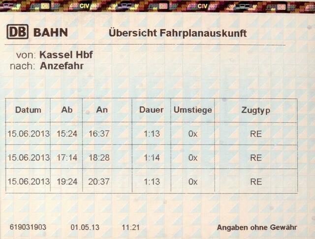Fahrplanauskunft Kassel - Anzefahr: Am 1.5. ist die Fahrplanauskunft korrekt.
