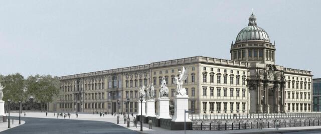 Ansicht von der Nord-West-Seite
© Stiftung Berliner Schloss – Humboldtforum / Franco Stella: http://sbs-humboldtforum.de/Service/Presse/Pressebilder/ | Foto: wie vor