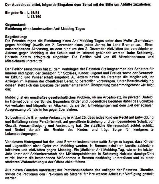 Bremische Bürgerschaft, Landtag, Beschlussempfehlung "Einführung eines landesweiten Anti-Mobbing-Tages" vom 8. Mai 2013 | Foto: Bremische Bürgerschaft