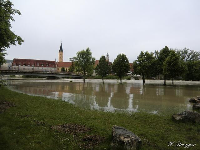 ausufernde Donau an der Donaubrücke / 3-Königs-Biergarten