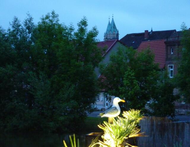 Die Möwe ist unecht und gehört zu den reizvollen Außenanlagen des Restaurants "Am Unstrutwehr" in Freyburg.