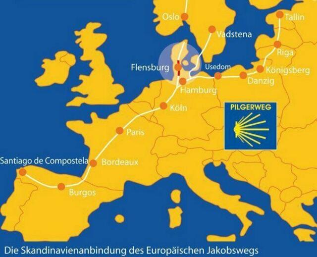 Wegekarte von Trondheim, Vadstena und Tallin über Hamburg bis Santiago de Compostela