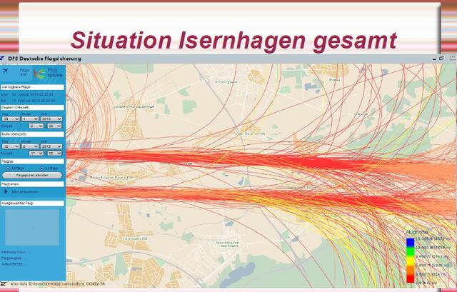 Flugspuren über Isernhagen aus dem System http://www.dfs.de/dfs_homepage/de/Flugsicherung/Umwelt/Flugverl%C3%A4ufe%20online/Hannover/