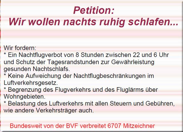 Abgeschlossene Landtagspetition, die hier wegen des großen Interesses fortgeführt wird: https://www.openpetition.de/petition/online/wir-wollen-nachts-ruhig-schlafen-ohne-fluglaerm-2
